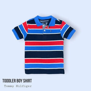 Tommy Hilfiger polo , Toddler boy shirt , 4T , Stripped blue , black and red.